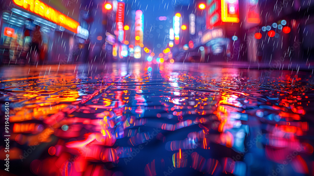 Fototapeta premium A rainy city street illuminated by vibrant neon lights, creating a colorful reflection on the wet pavement at night.