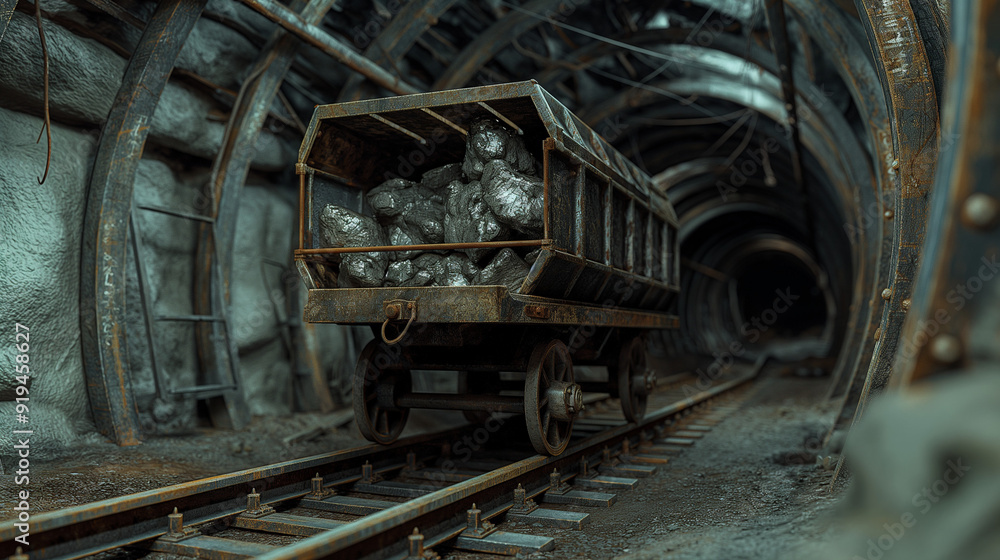 Obraz premium A silver mine tunnel with a mining cart on rails filled with shiny, glossy silver nuggets. refining of silver, prospecting concepts.
