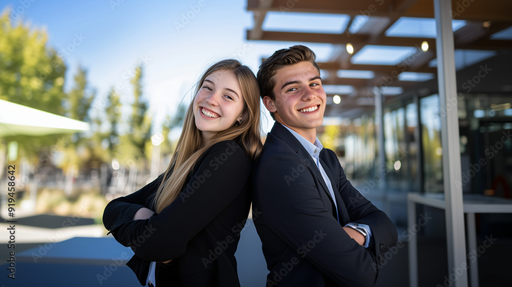 portrait of a couple of happy smiling caucasian college students posing back to back portrait of a couple of happy smiling caucasian college students posing back to back