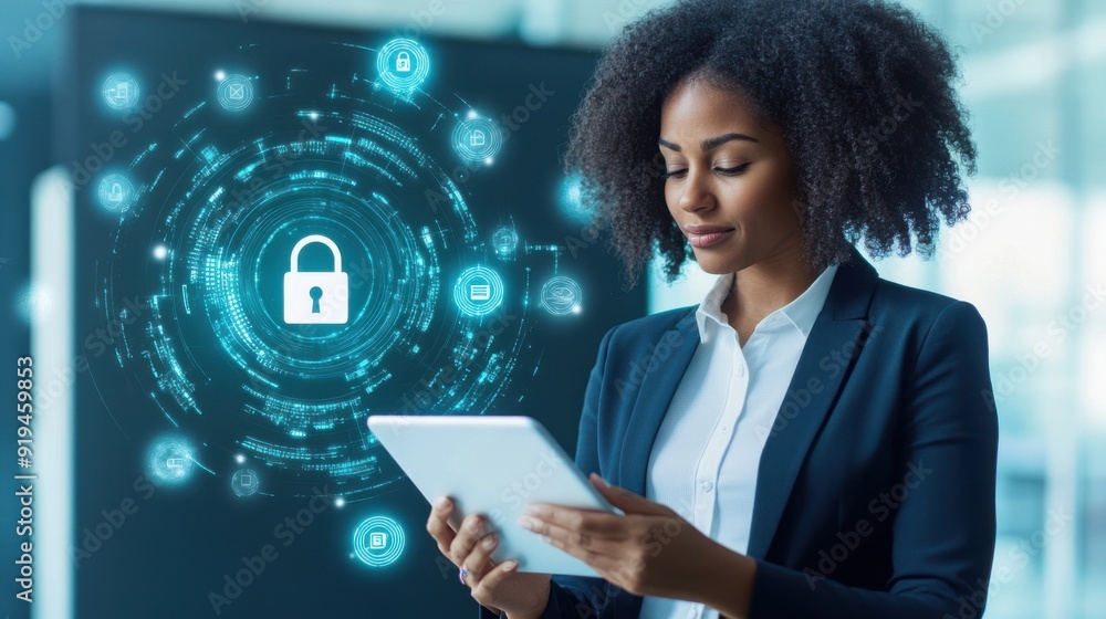 A woman is looking at a tablet with a blue circle with a lock on it A woman is looking at a tablet with a blue circle with a lock on it