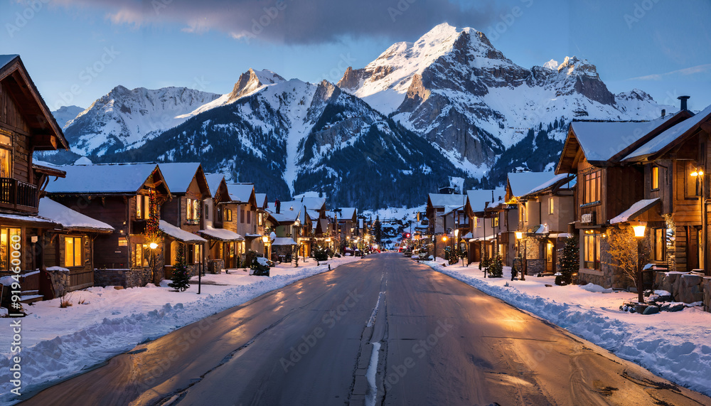 Rue d'un village alpin enneigé au crépuscule Rue d'un village alpin enneigé au crépuscule
