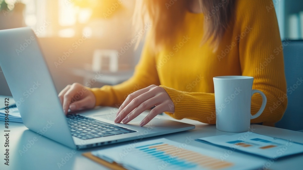 Fototapeta premium A woman is typing on a laptop while holding a white coffee cup