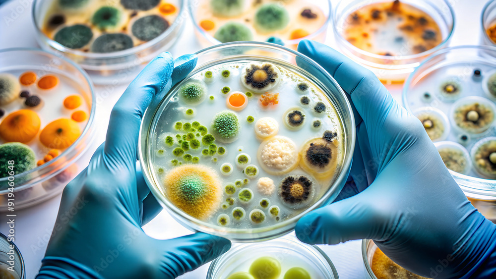 Hands holding a petri dish with mold samples, close-up.
Hands holding a petri dish with mold samples, close-up.