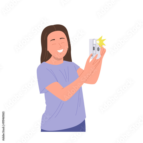 Young smiling teenage girl cartoon character making photo by digital camera isolated on white