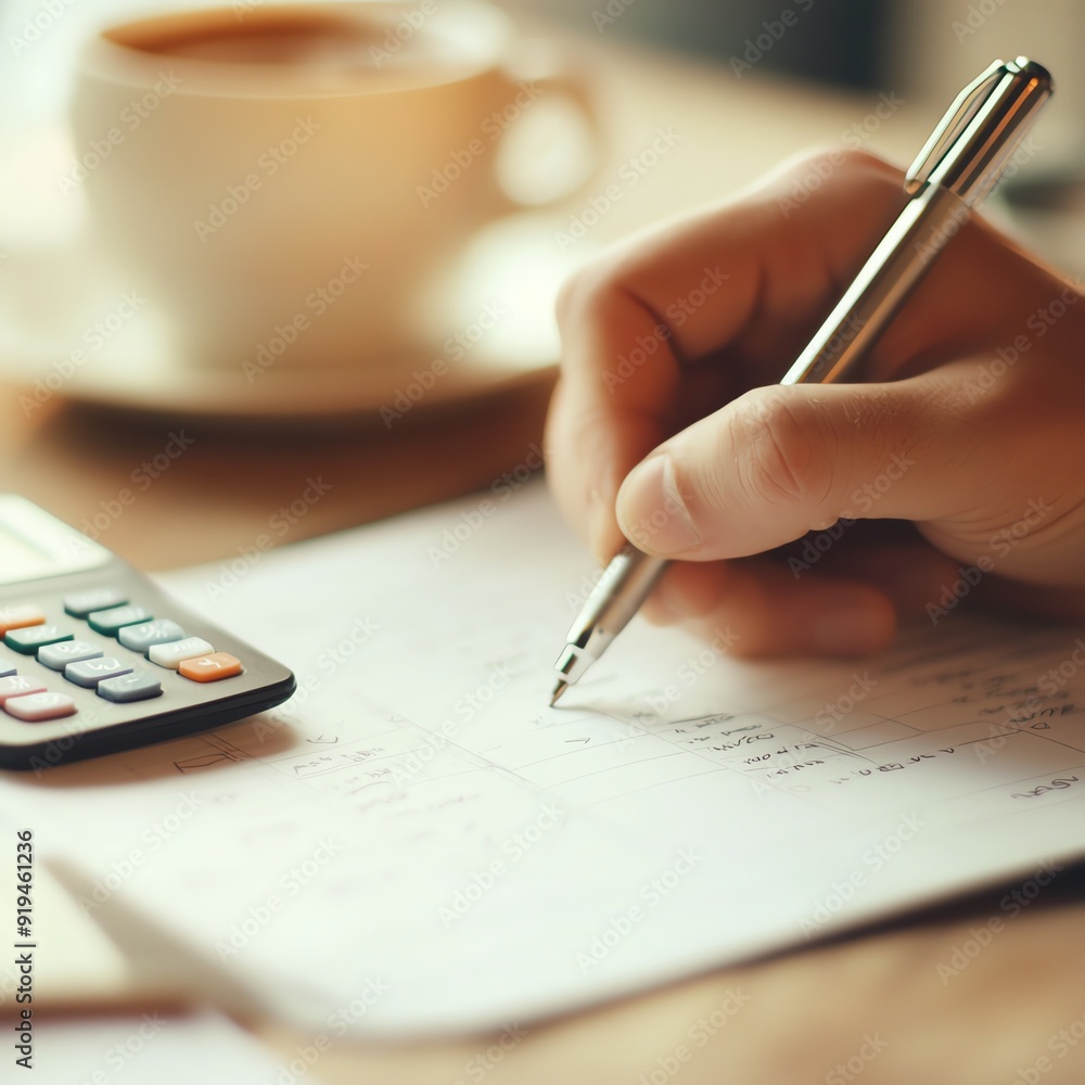 A close-up of a hand writing in a financial planner, with a cup of coffee and a calculator beside it, organized, detailed