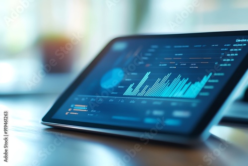 A close-up of a tablet displaying real-time sales data, with graphs showing upward trends, mobile, efficient photo