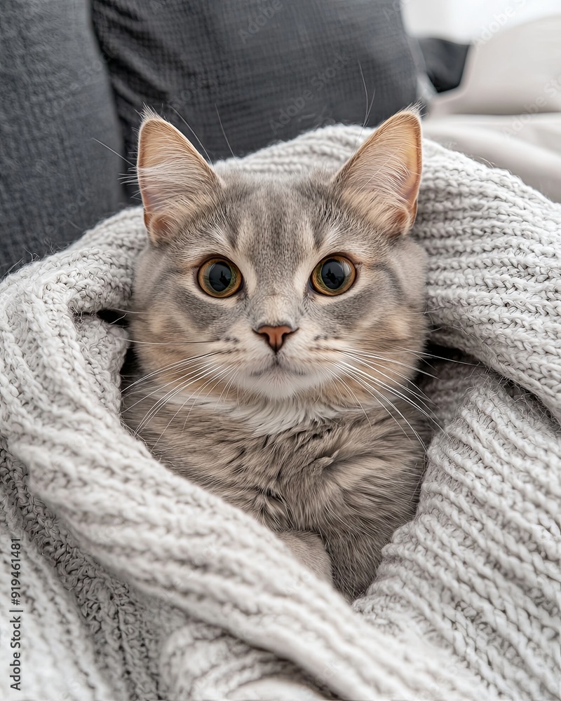 Naklejka premium Cat resting on a bed with a soft blanket, peaceful and cozy family setting, taken with Sony Alpha A7 III, copy space for text, more clarity with clear light and sharp focus, high detailed