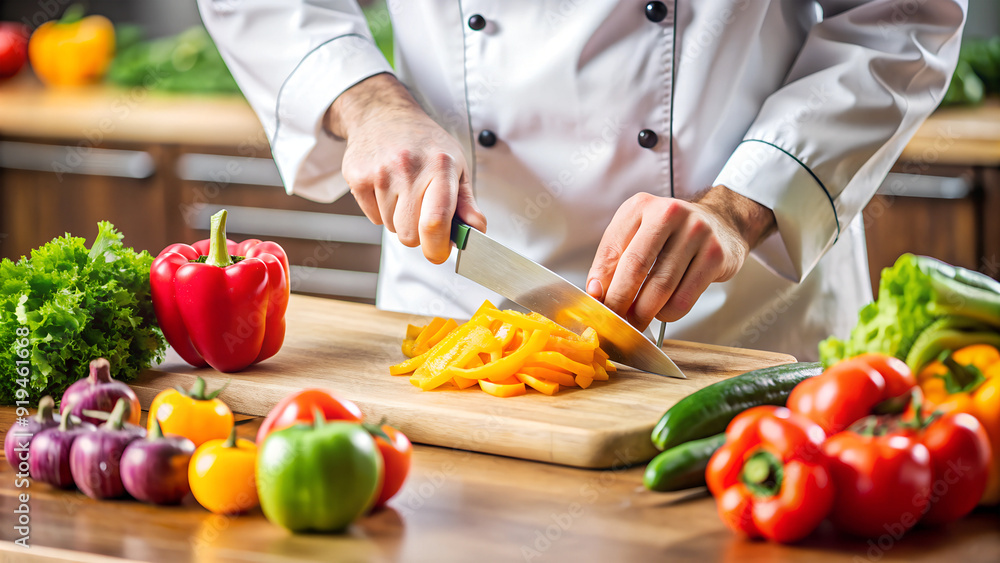 The cook cuts vegetables on a cutting board. The cook cuts vegetables on a cutting board.