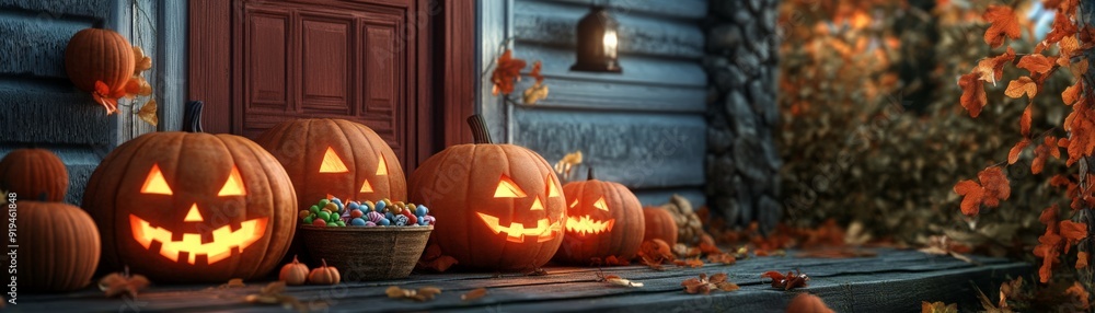 Obraz premium Festive Halloween pumpkins with carved faces on a porch, surrounded by autumn leaves and decor, exuding a spooky and cozy atmosphere.