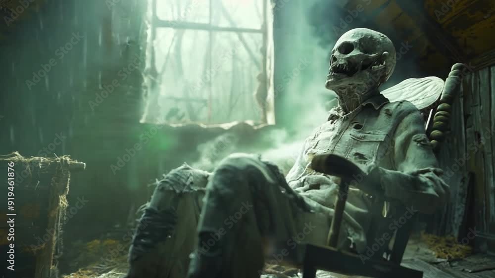 Creepy zombie sitting in old rocking chair on dim attic. Halloween concept Creepy zombie sitting in old rocking chair on dim attic. Halloween concept