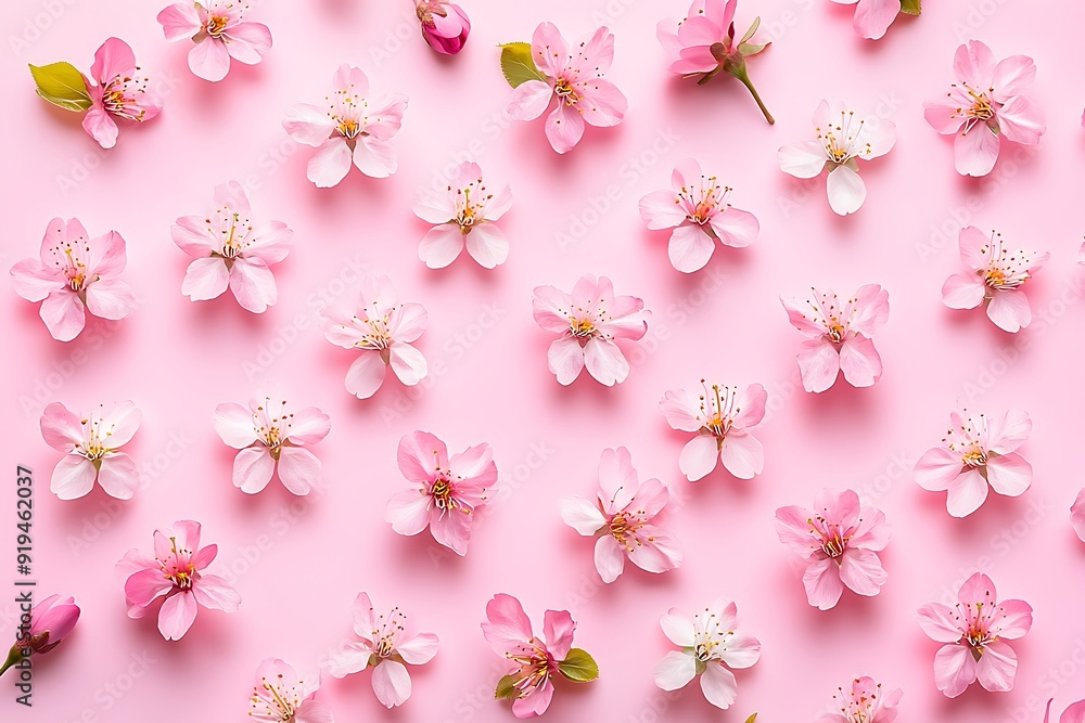 Delicate pink blossoms arranged in a repeating pattern on a soft pink background. Delicate pink blossoms arranged in a repeating pattern on a soft pink background.
