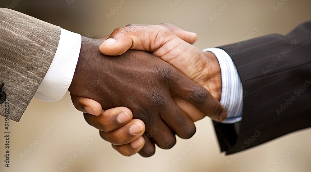 Obraz premium handshake white hand and black hand of businessman, international business, between African American and European, conclusion of a deal