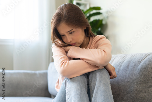 Sad, unhappy. Alone asian young woman, girl expression face thinking about problem, difficulty, feeling failure and exhausted, suffering from loneliness, grief sorrow and bad relationship or break up.