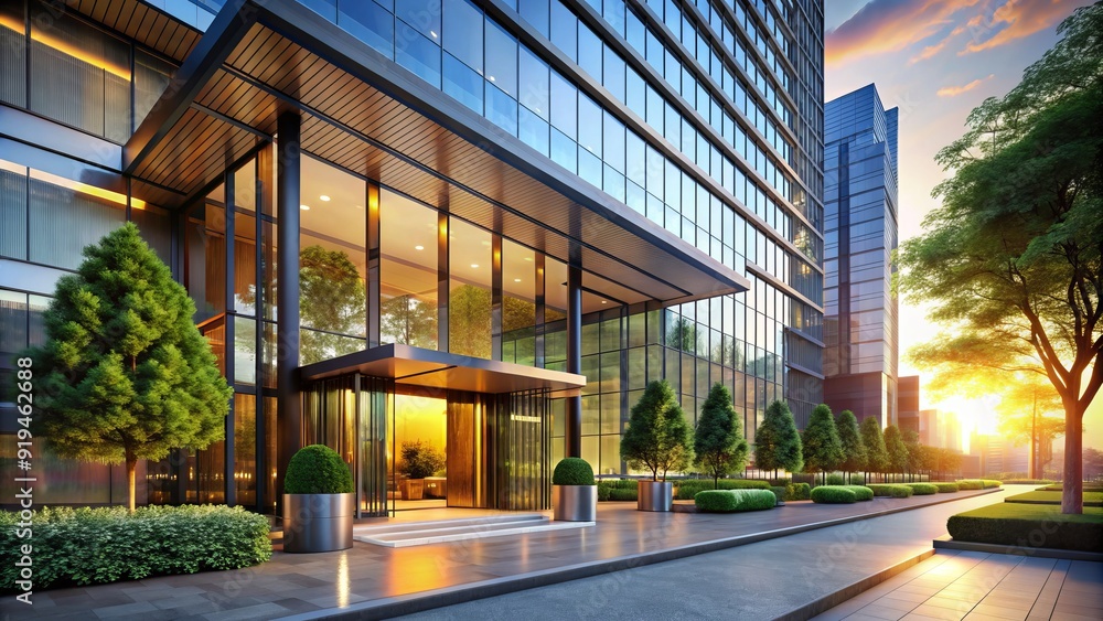 Luxurious modern hotel exterior with sleek glass façade, elegant entrance, and lush greenery, set against a vibrant cityscape at sunset. Luxurious modern hotel exterior with sleek glass façade, elegant entrance, and lush greenery, set against a vibrant cityscape at sunset.