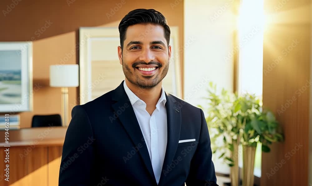 Portrait video of a confident real estate agent in a modern office setting Portrait video of a confident real estate agent in a modern office setting
