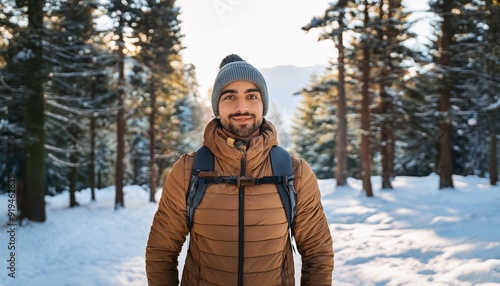 man traveler with a backpack in the forest, winter view in the american forest, north america landscape