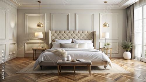 Luxurious unmade bed with plush mattress, soft white pillows, and crisp linens, set against a serene backdrop of creamy walls and wooden floorboards. photo