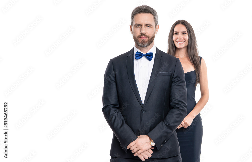 Romantic couple spending time together. Two of man and woman on valentines day banner. Lovely couple dating. Woman in dress and man in suit with bowtie. Elegant couple isolated on white Romantic couple spending time together. Two of man and woman on valentines day banner. Lovely couple dating. Woman in dress and man in suit with bowtie. Elegant couple isolated on white