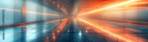 A long, brightly lit hallway featuring a continuous line of parked cars extending into the distance.