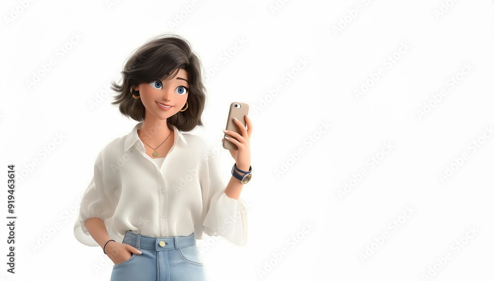 3D illustration of man looking at smartphone and chatting. Close up portrait of cartoon smiling businessman 3D illustration of man looking at smartphone and chatting. Close up portrait of cartoon smiling businessman