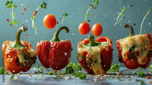 a group of three red peppers with cheese and vegetables falling out of them photo