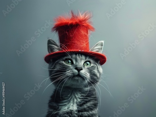 A playful tabby cat wearing a red and white striped hat with feathers against a soft blue background