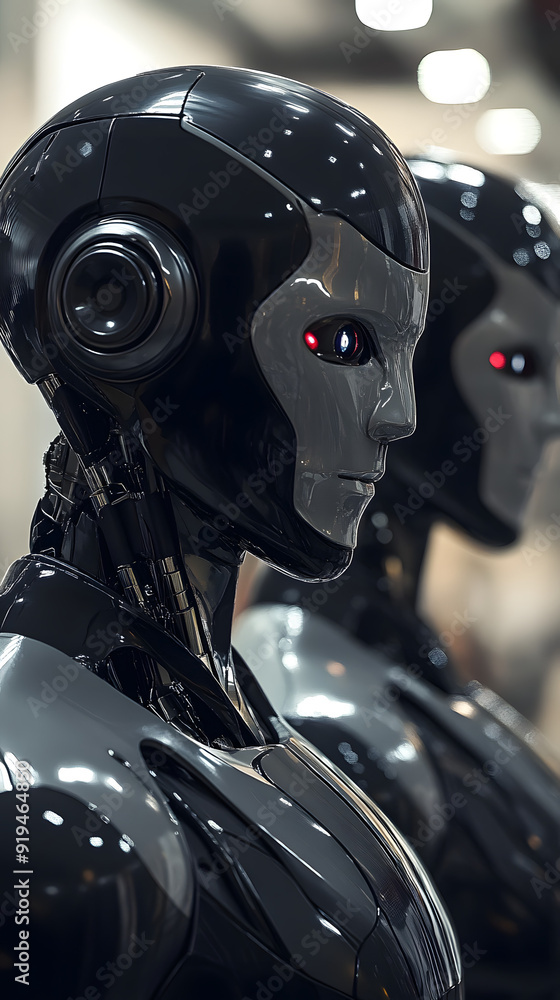 Close-up of two futuristic android robots with sleek black design and glowing red eyes, symbolizing advanced artificial intelligence technology. Close-up of two futuristic android robots with sleek black design and glowing red eyes, symbolizing advanced artificial intelligence technology.