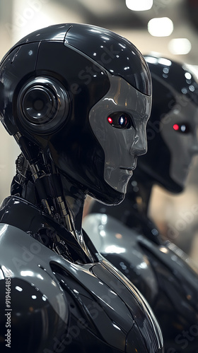 Close-up of two futuristic android robots with sleek black design and glowing red eyes, symbolizing advanced artificial intelligence technology. photo