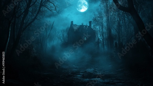 Haunting image of an old, eerie house in a dark, misty forest under the full moon, perfect for horror and thriller themes.