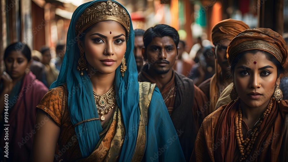 A diverse group of people, wearing traditional dresses standing in a street, blurred background view, world culture day, diversification A diverse group of people, wearing traditional dresses standing in a street, blurred background view, world culture day, diversification