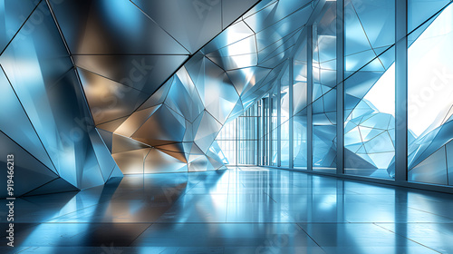 A futuristic hallway featuring blue and white geometric shapes, creating a modern and sleek architectural design.