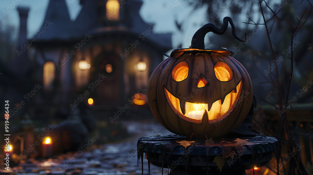 Spooky Halloween pumpkin with a candle-lit face in front of a mysterious haunted house during the night. Spooky Halloween pumpkin with a candle-lit face in front of a mysterious haunted house during the night.