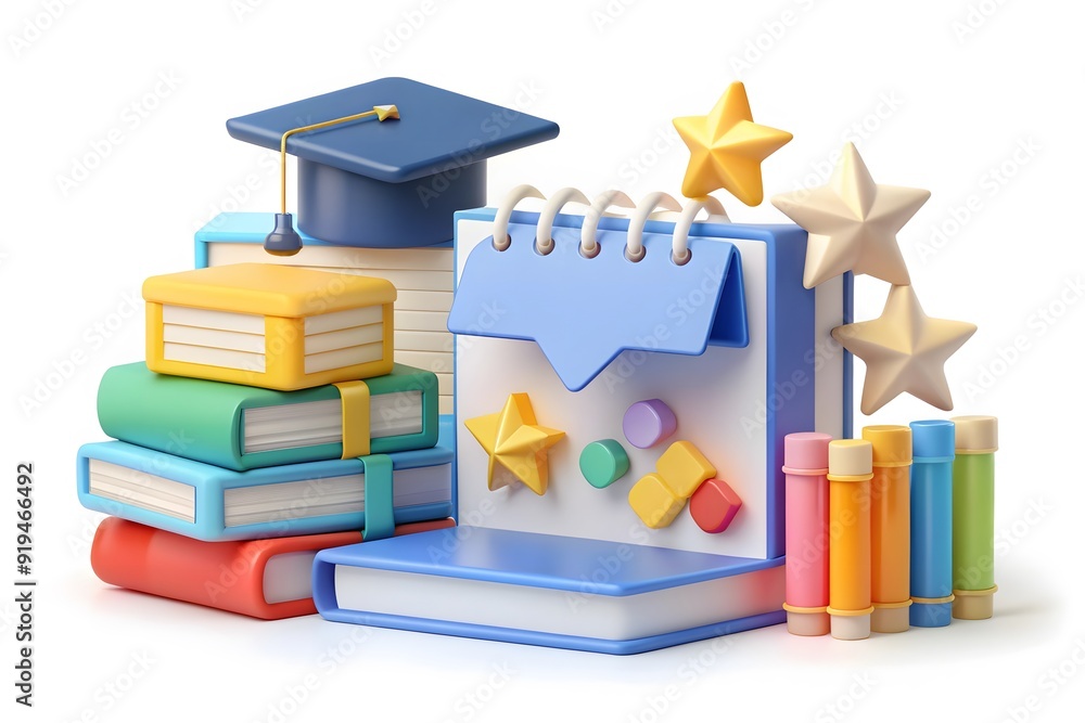 Pile of books with degree cap, educational achievements, 3d render Pile of books with degree cap, educational achievements, 3d render
