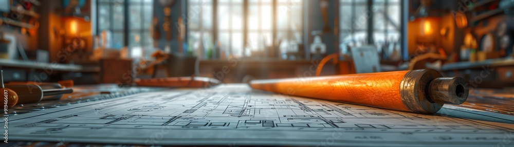 Detailed architectural blueprint and drawing tools on a desk in a workshop, bathed in warm, focused lighting, conveying creativity and planning. Detailed architectural blueprint and drawing tools on a desk in a workshop, bathed in warm, focused lighting, conveying creativity and planning.