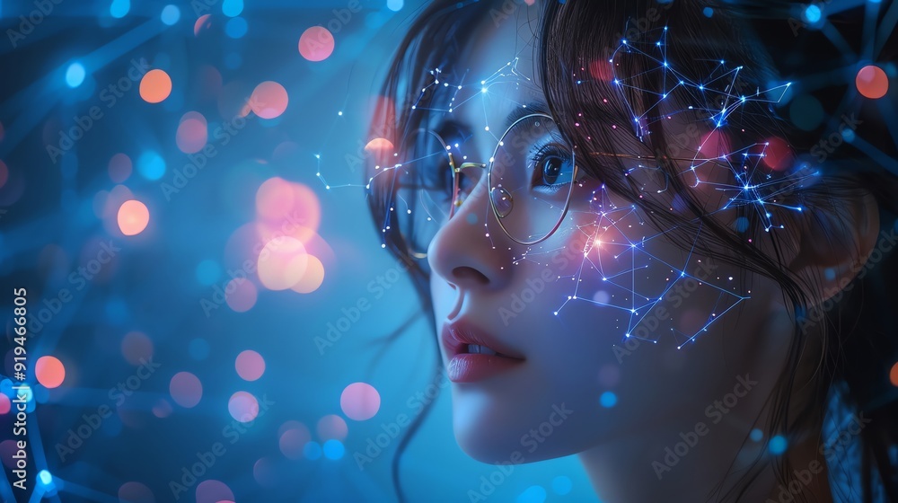 Close-up of a woman immersed in a futuristic digital environment with glowing connections, representing technology and artificial intelligence. Close-up of a woman immersed in a futuristic digital environment with glowing connections, representing technology and artificial intelligence.