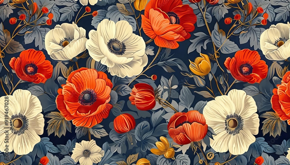 Elegant floral pattern featuring vibrant poppies and leaves in a seamless design. Perfect for wallpaper, fabric, and digital designs. Elegant floral pattern featuring vibrant poppies and leaves in a seamless design. Perfect for wallpaper, fabric, and digital designs.