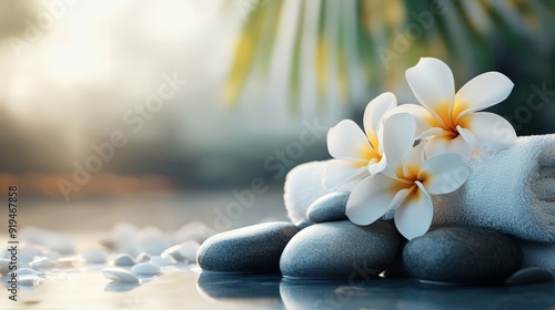 Peaceful spa scene with white flowers on stack of smooth stones, reflecting relaxation and tranquility. Perfect for wellness themes.