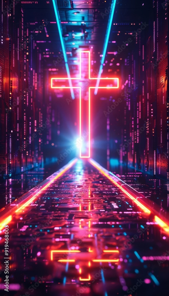 Futuristic neon cross glowing brightly in a digital corridor with vibrant colors and reflections, symbolizing technology and spirituality. Futuristic neon cross glowing brightly in a digital corridor with vibrant colors and reflections, symbolizing technology and spirituality.