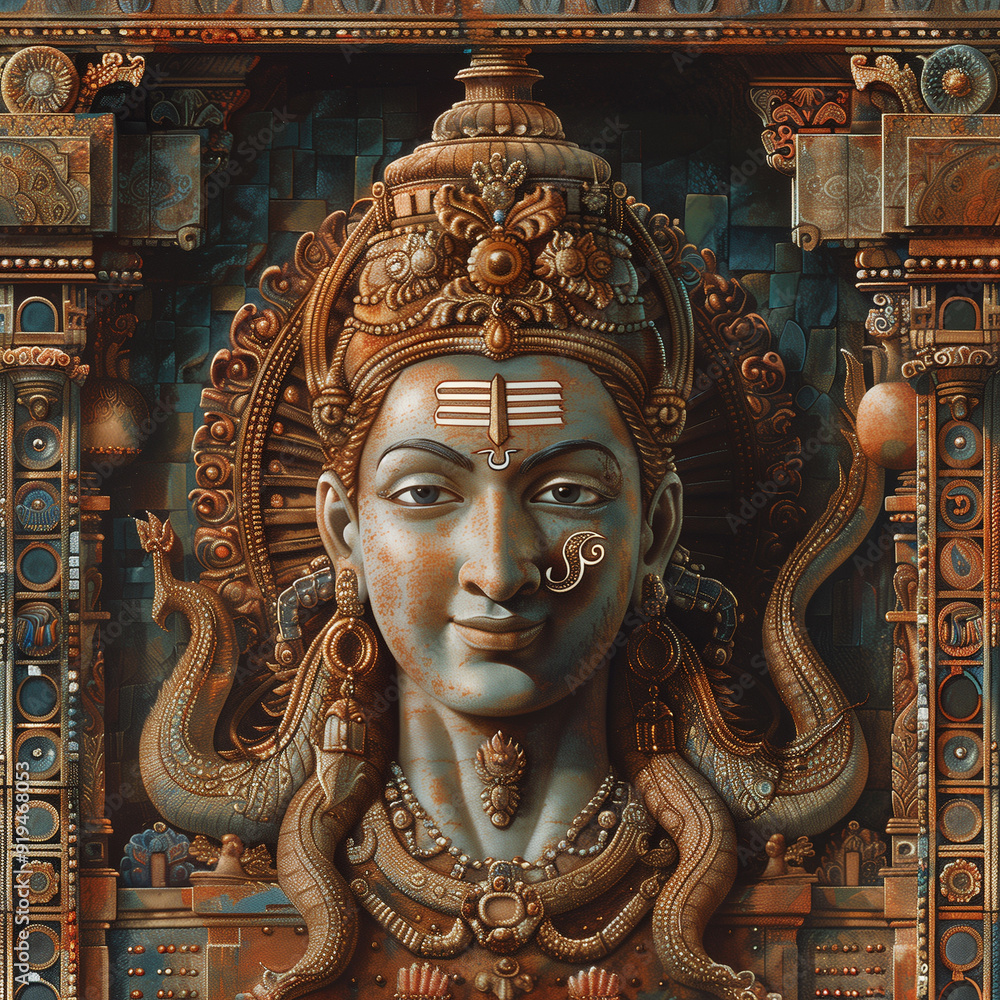 Obraz premium Mahadev Shiva Indian God sculpture in the temple. Hindu Lord Shiva portrait, happy Maha Shivratri