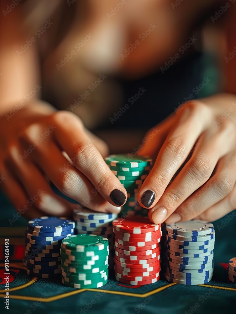 Close-up of hands arranging poker chips on a casino table, showcasing gambling, strategy, and gaming excitement. Close-up of hands arranging poker chips on a casino table, showcasing gambling, strategy, and gaming excitement.