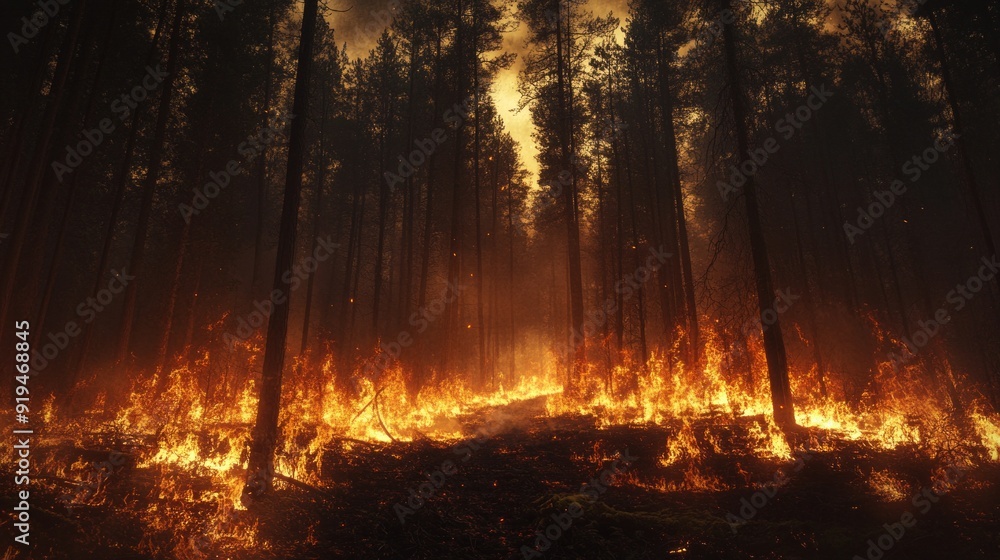 Forest fire raging through a dense woodland during sunset amidst global warming concerns Forest fire raging through a dense woodland during sunset amidst global warming concerns
