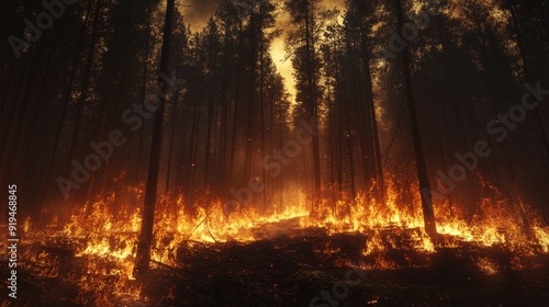 Forest fire raging through a dense woodland during sunset amidst global warming concerns