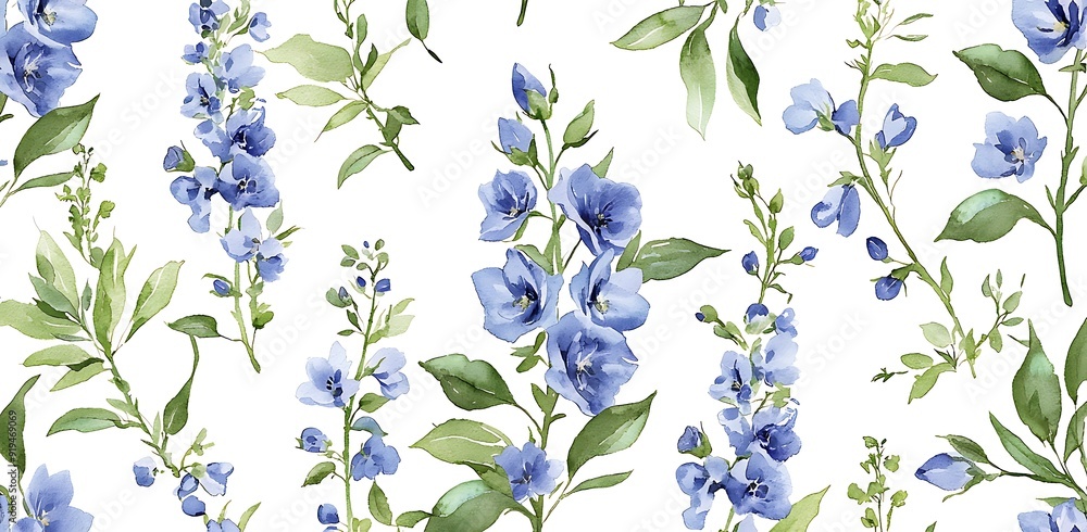 Watercolor seamless pattern with delicate blue flowers and green leaves on white background. Watercolor seamless pattern with delicate blue flowers and green leaves on white background.