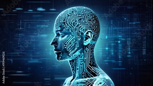 Loop of a head silhouette made up of data streams and circuit board patterns against a dark blue background, representing the concept of artificial intelligence and machine learning looping video