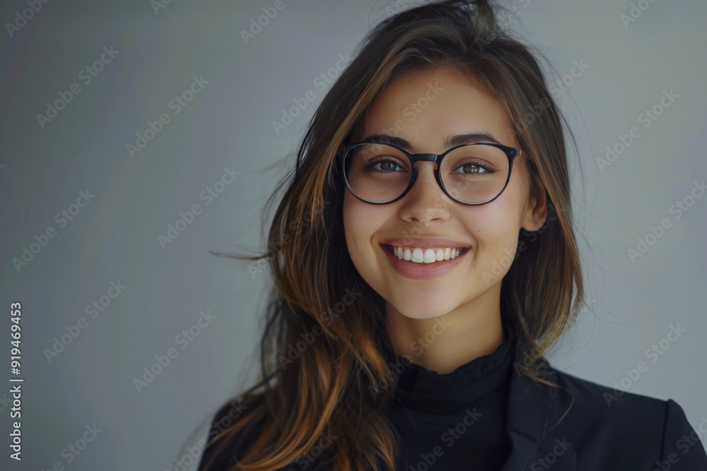 Fototapeta premium Smiling young businesswoman wearing eyeglasses looks directly forward against a soft gray backdrop for marketing.