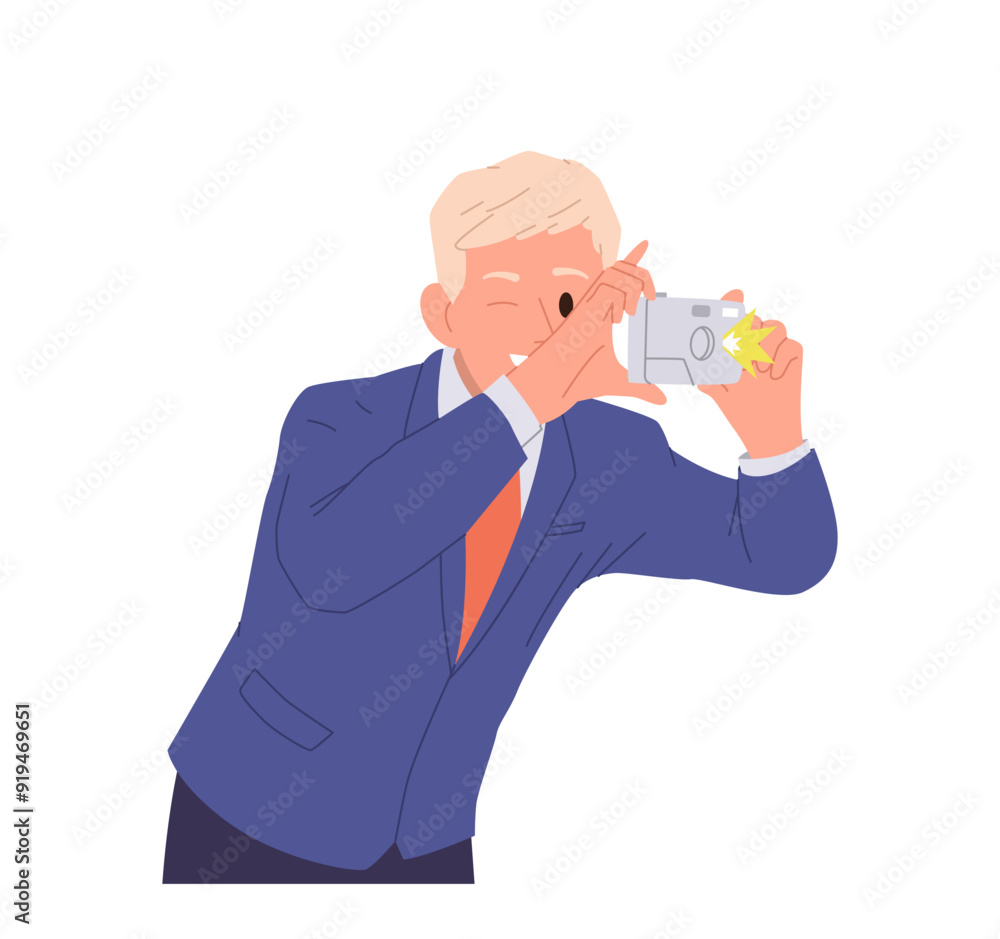 Young businessman cartoon character holding digital camera shooting photographing sightseeing Young businessman cartoon character holding digital camera shooting photographing sightseeing