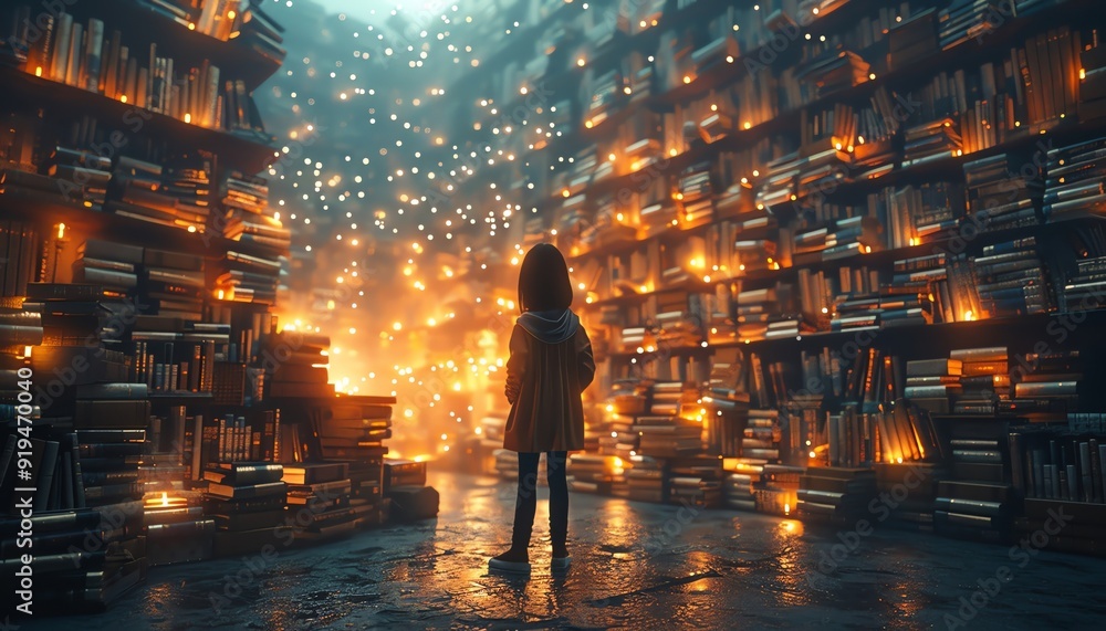 digital 3D rendering of a curious child at eye-level, surrounded by floating books of knowledge, with a sparkle of wonder in their eyes digital 3D rendering of a curious child at eye-level, surrounded by floating books of knowledge, with a sparkle of wonder in their eyes