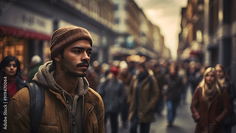 A handsome man standing in a street, blurred background view of a street filled with people, world culture day, diversification A handsome man standing in a street, blurred background view of a street filled with people, world culture day, diversification