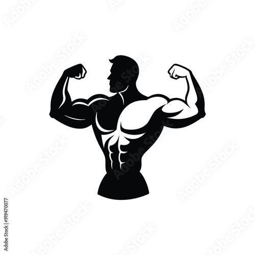 Silhouette of a body builder man vector illustration, Muscular bodybuilder vector silhouette illustration isolated on white background. Sport man strong arms show in different pose., Body builder