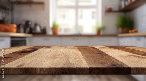 Empty tabletop over de focused kitchen Wood table top on blur kitchen counter (room)background Kitchen wooden table top and kitchen blur background interior style scandinavian, Generative AI